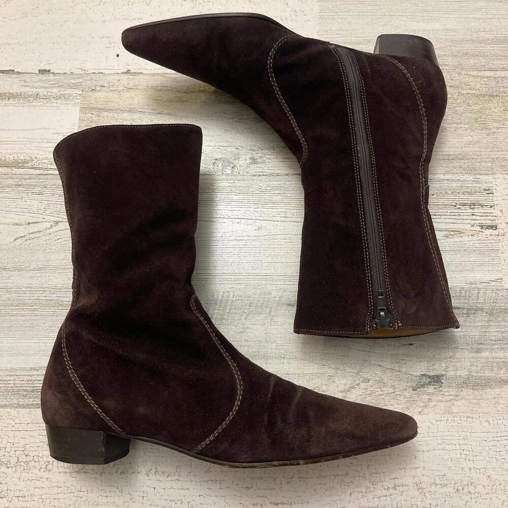 Women’s Italy J. Crew Brown Suede Pointed Toe Calf High Ankle Zip Boots Size 8
